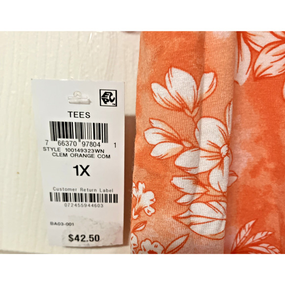 Women's Short Sleeve Tee Short Size 1X Orange Floral Shirttail Hem Casual Travel - Picture 5 of 6